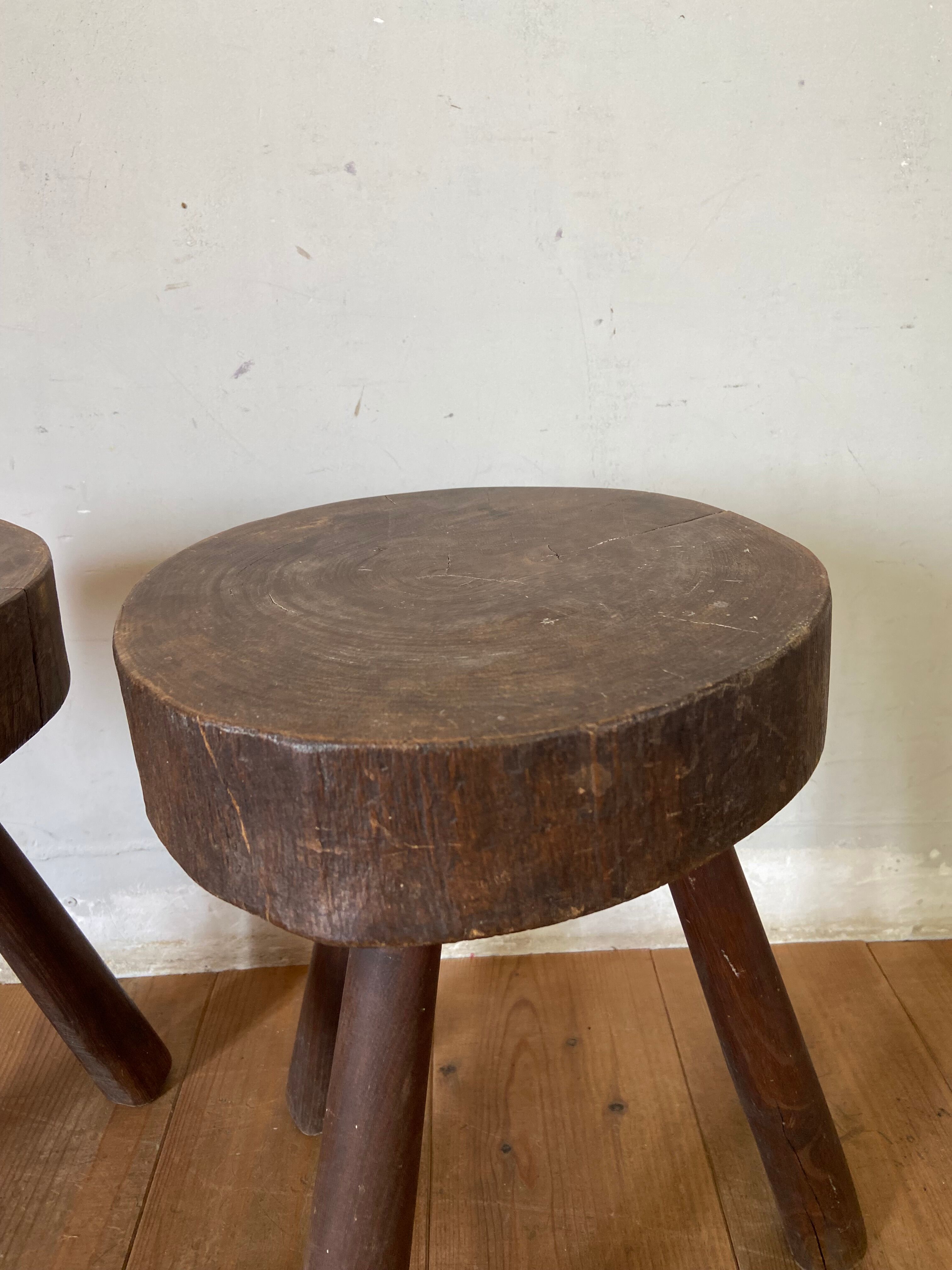 Pair of brutalist stool in solid oak 60s