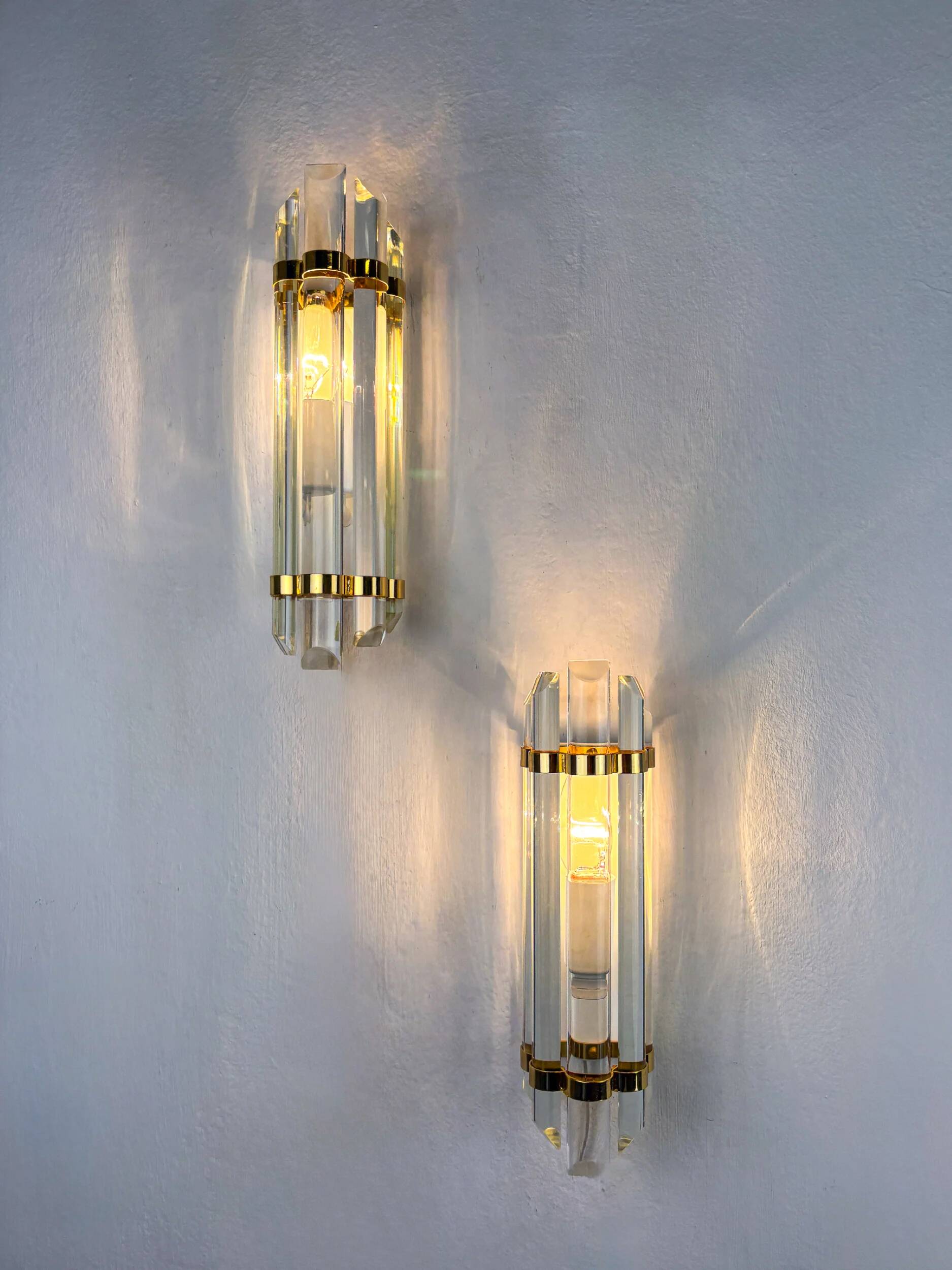 Pair of Venini half-moon wall lights – cut crystal glass & brass, Italy 1970s