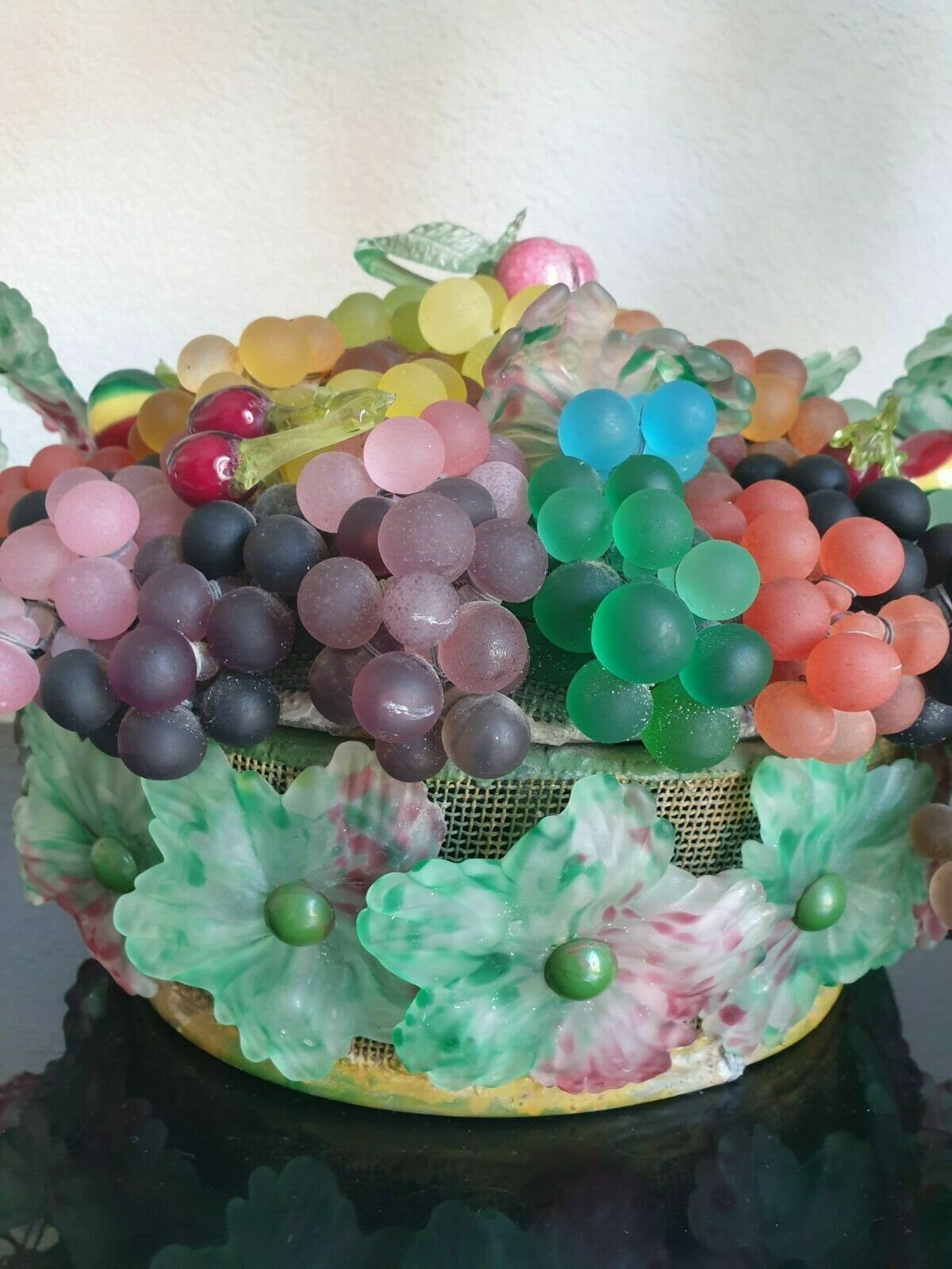 Verre Décoratif Murano Lavande - Raisin Feuilles Vertes, Dépoli, Vintage MCM