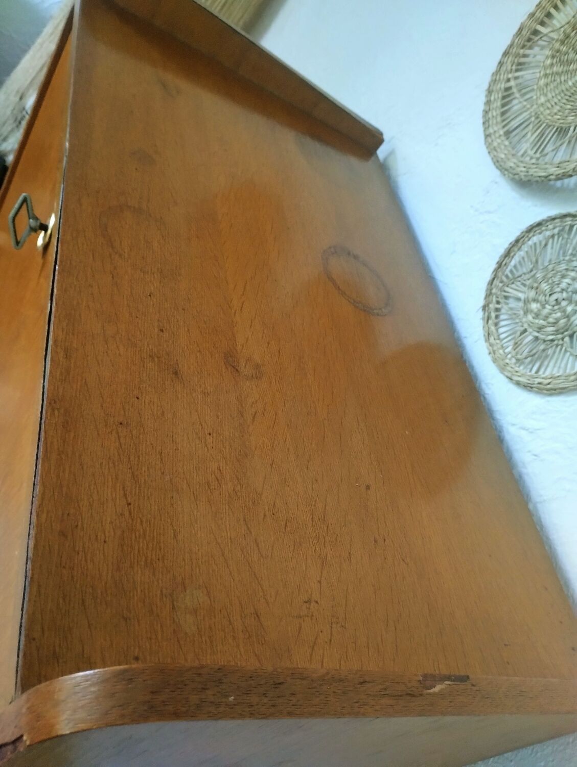 Vintage 1950s secretary desk with compass legs and gilded oak