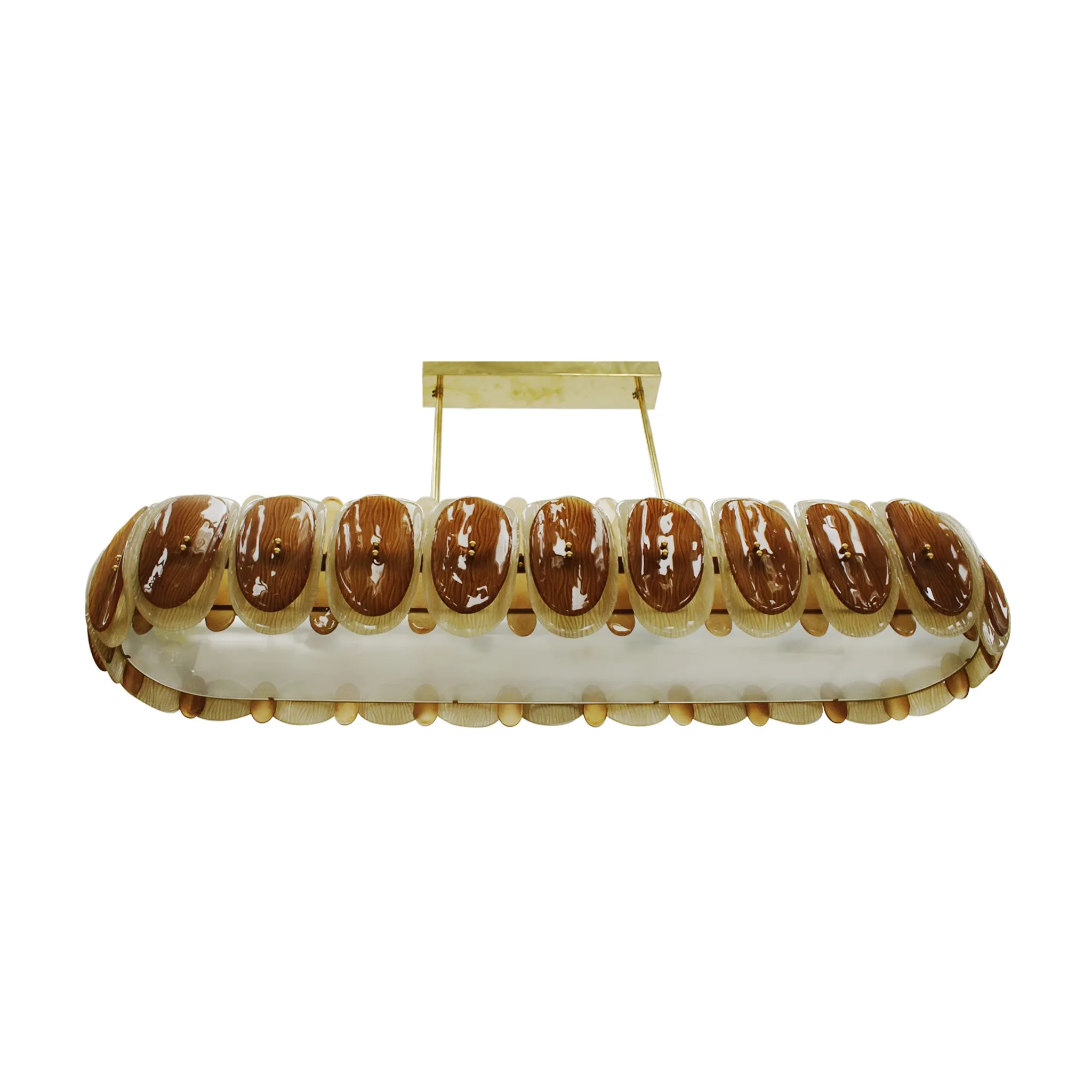 Midmodern Style Italian Brass Pendant Lamp, Brown And Beige Murano Glass