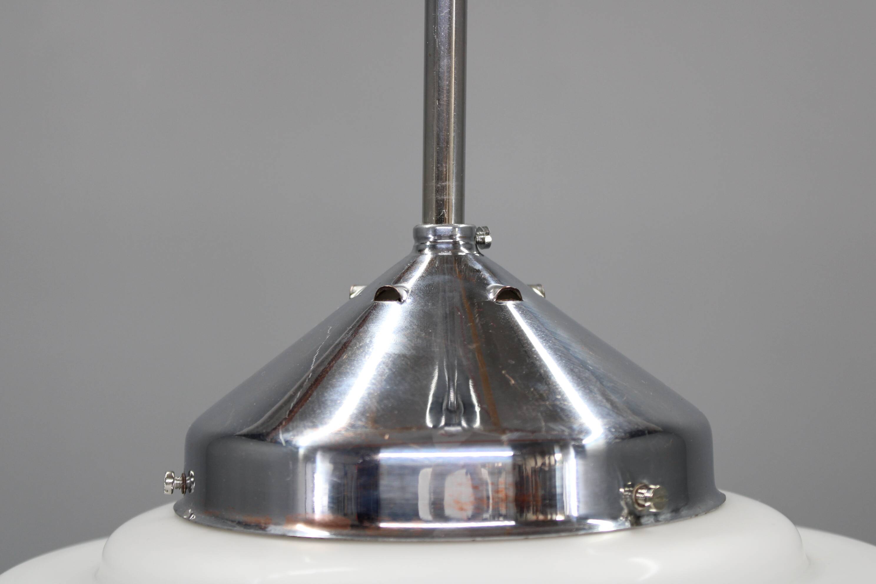 1930s Napako Art Deco pendant light in chrome and glass, restored, new wiring