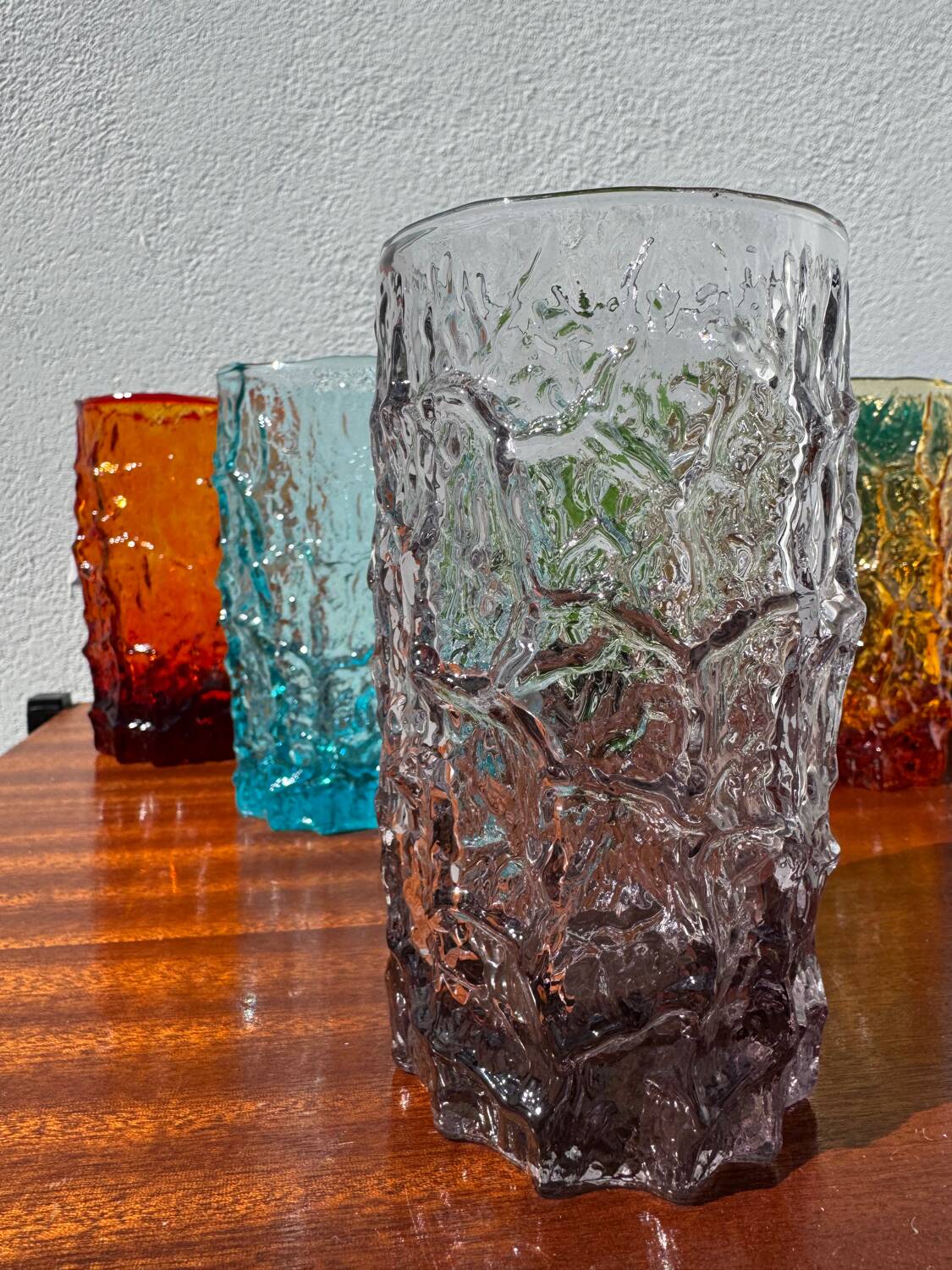 Large multicoloured glasses by Geoffrey Baxter from the 1960s.