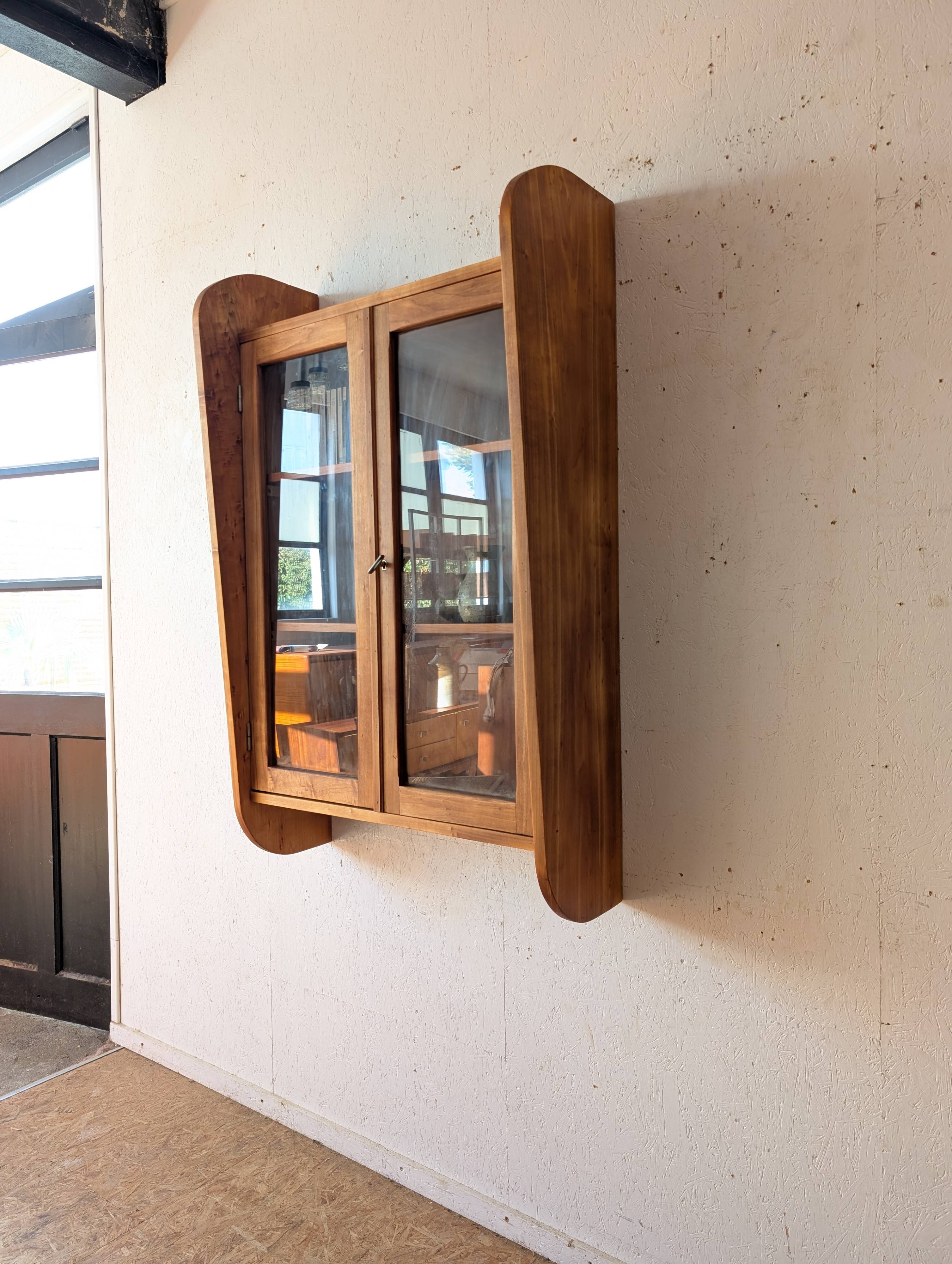 Solid cherry wood wall display case from the 50s