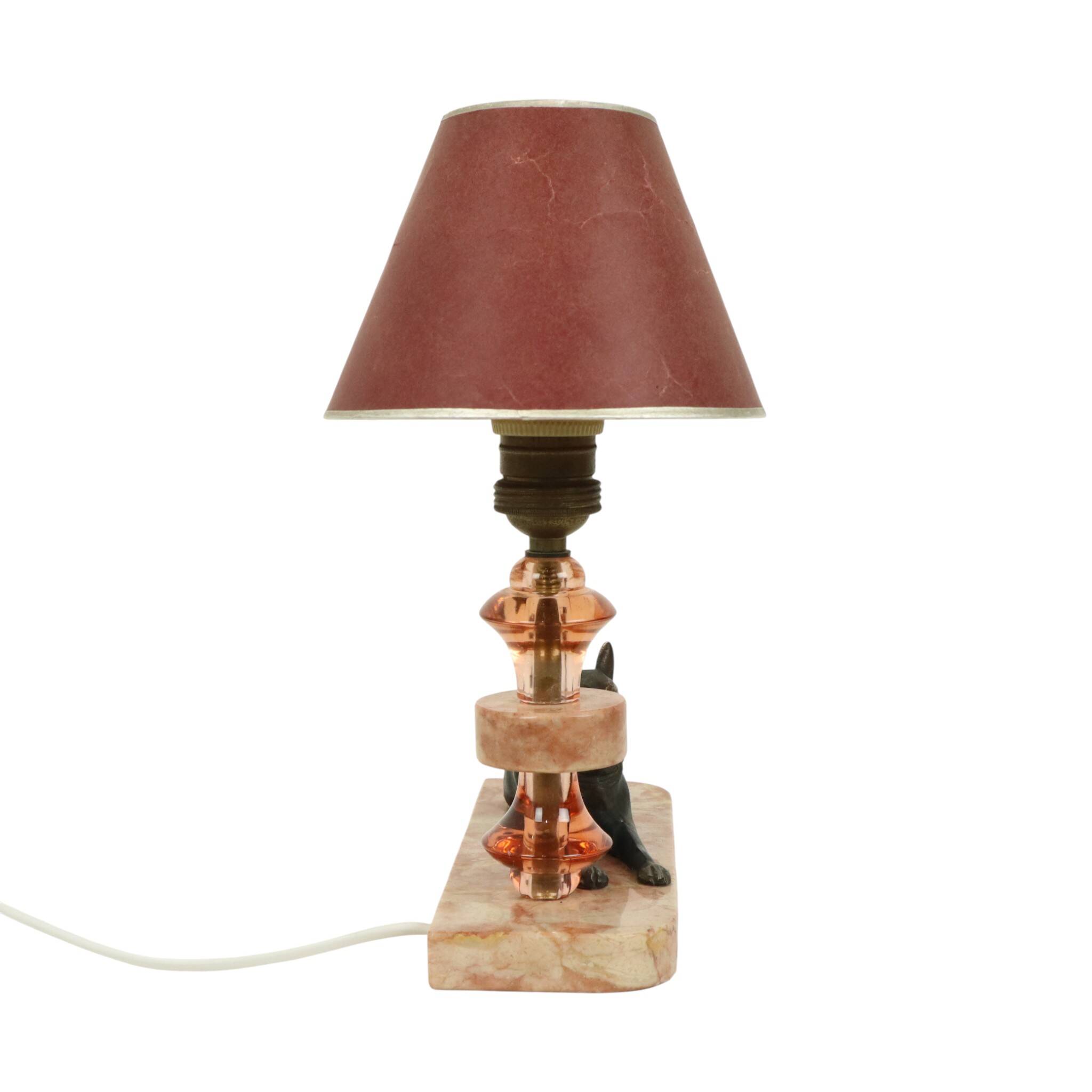 French Art Deco Table Lamp Pink Marble Glass Shepherd Dog