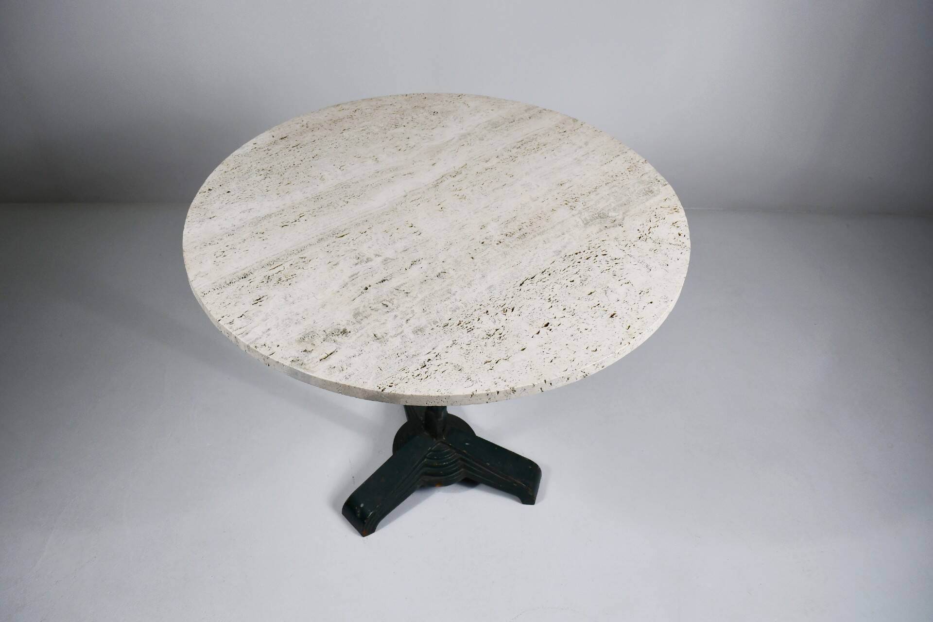 Vintage travertine bistro/dining table, solid metal base. (A)