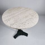 Vintage travertine bistro/dining table, solid metal base. (A)