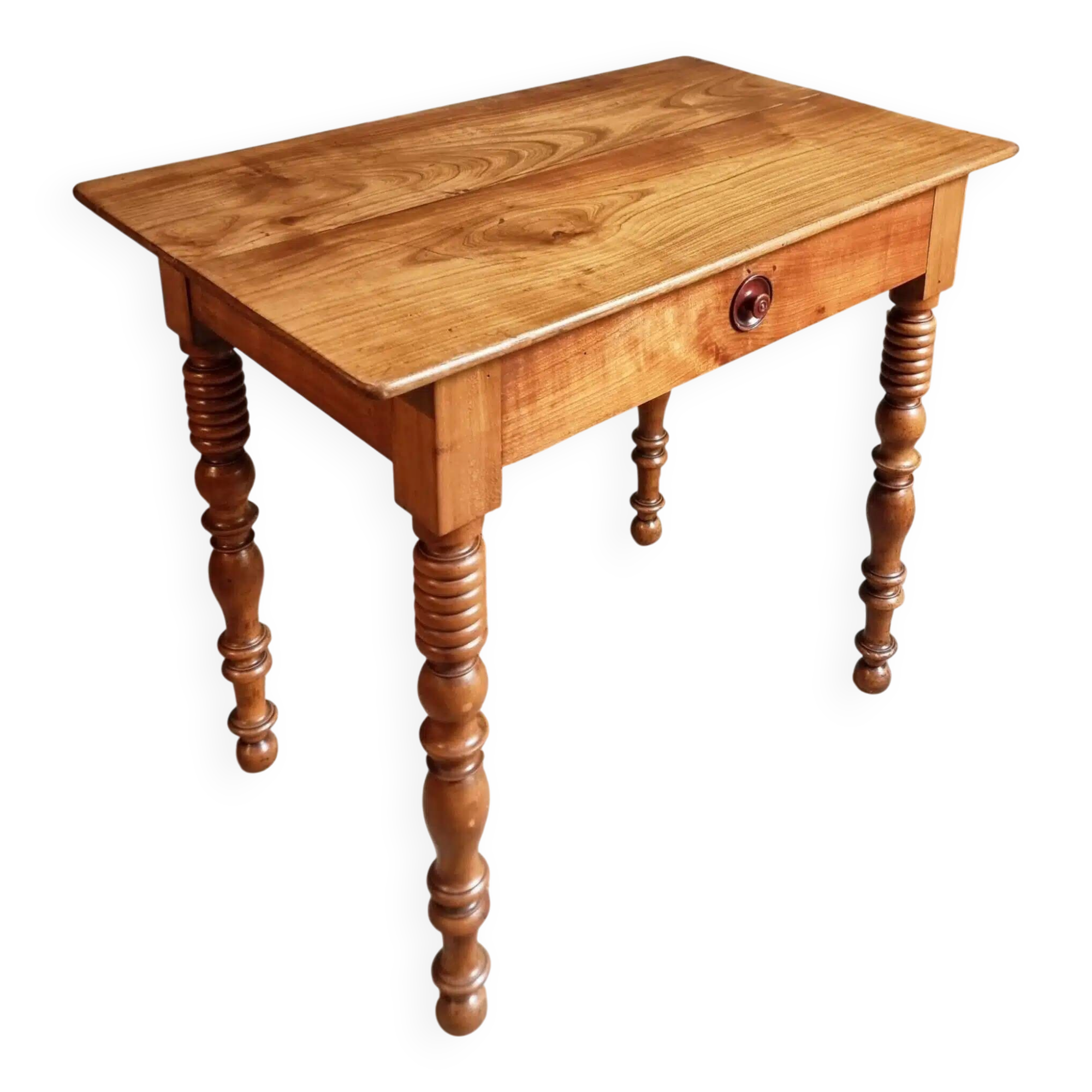 Small antique French writing table in walnut with a drawer, around 1900.
