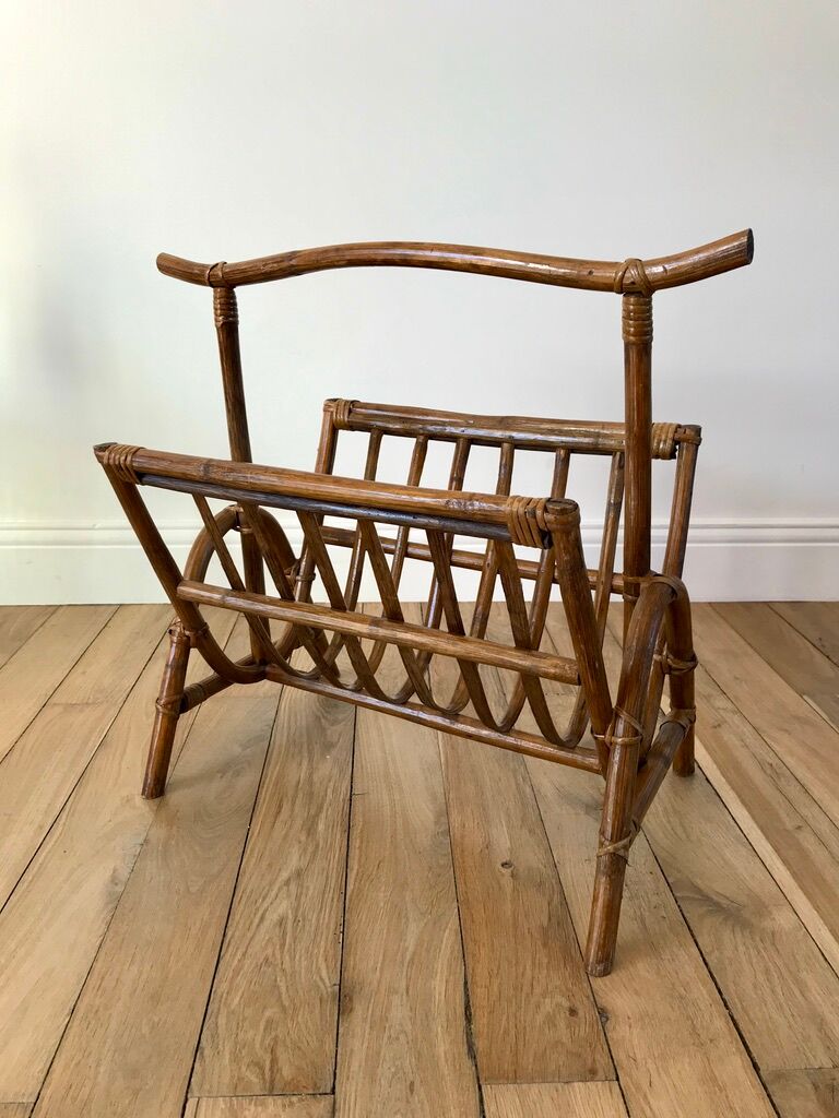 Rattan and bamboo magazine rack 70s