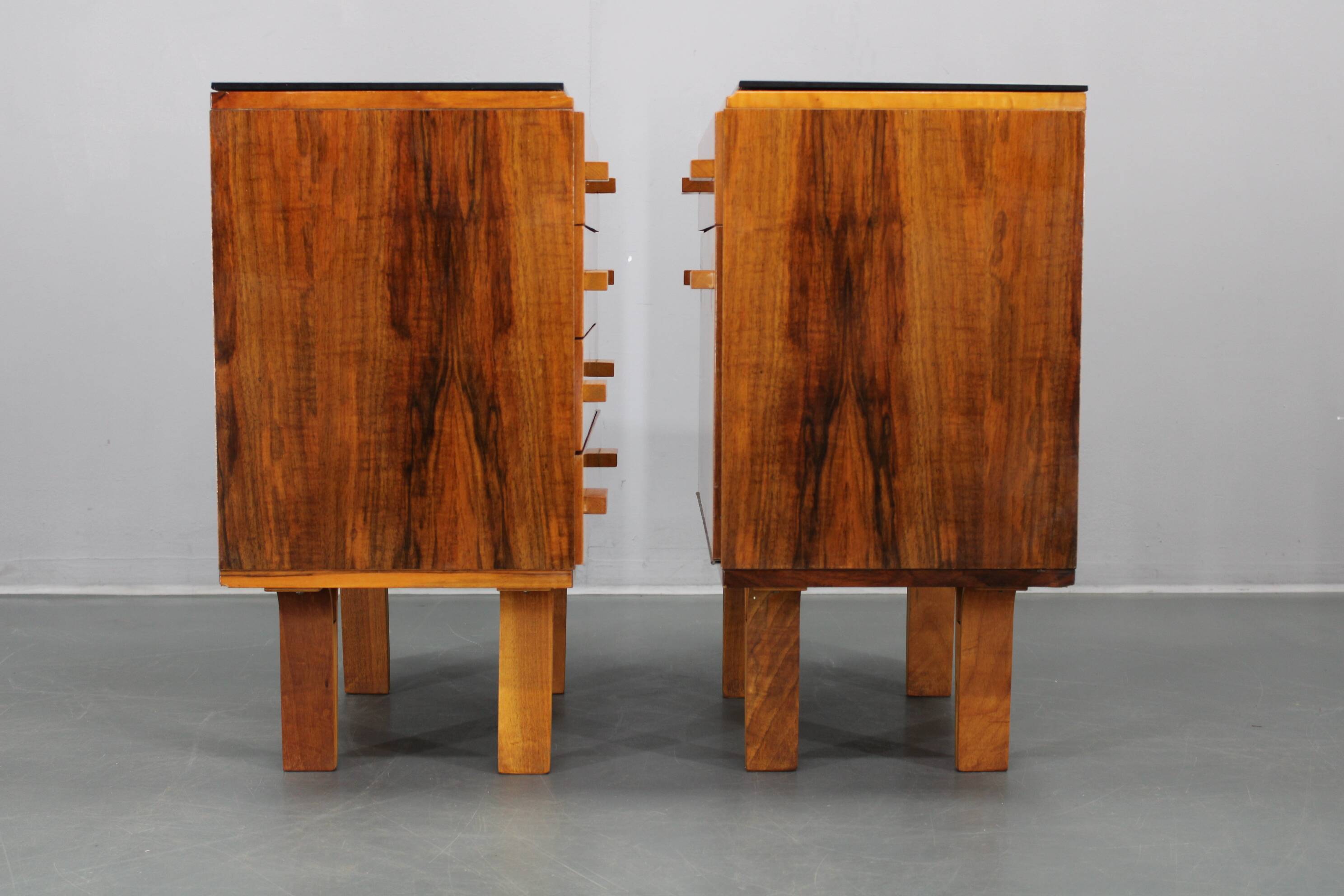 1960s František Mezulaník mid-century maple nightstands with black glass tops