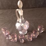 Liquor decanter and 7 matching glasses