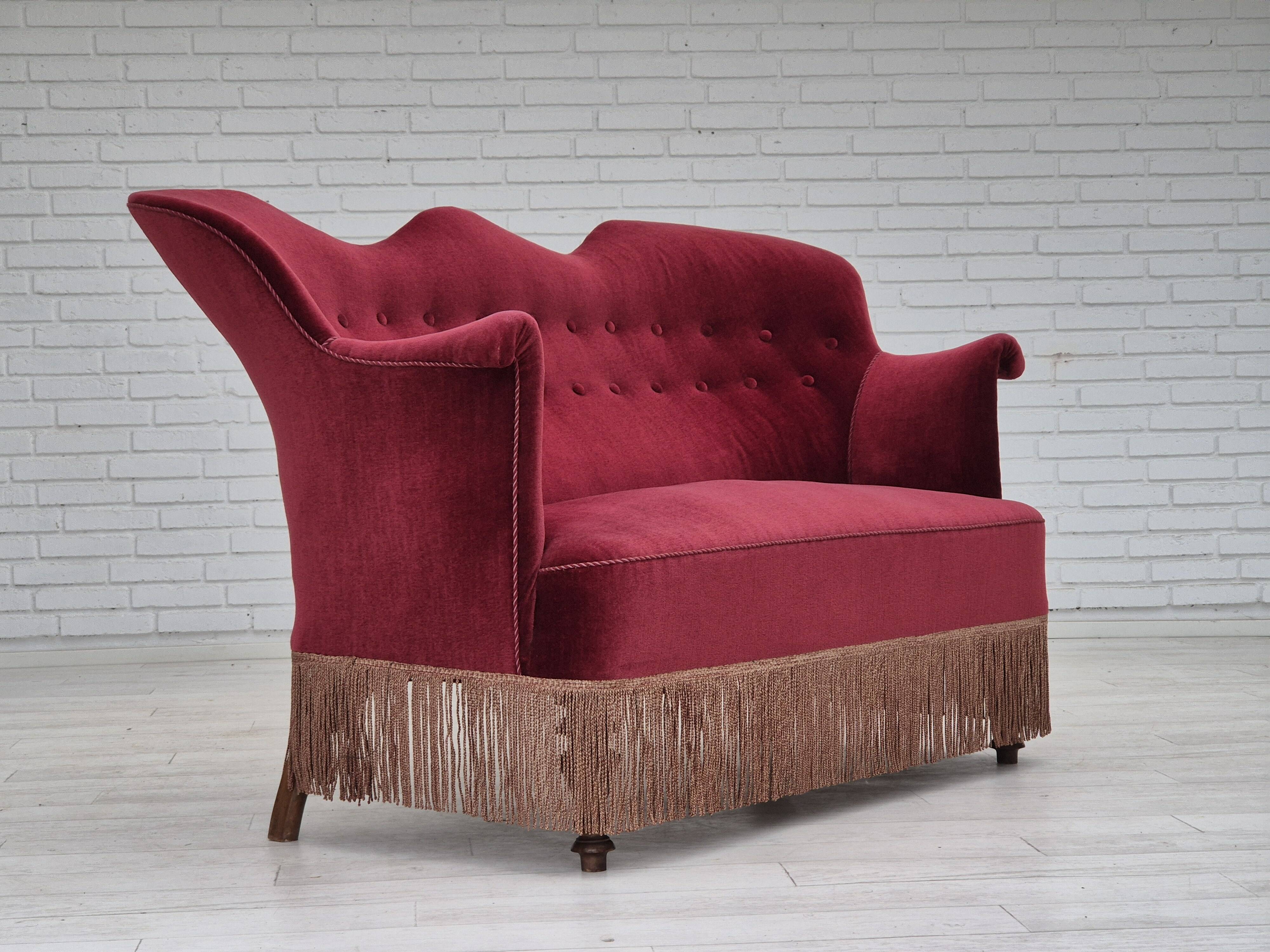 1950s, Danish 2-seater sofa, cherry-red furniture velour, ash wood.