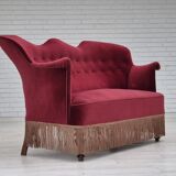 1950s, Danish 2-seater sofa, cherry-red furniture velour, ash wood.