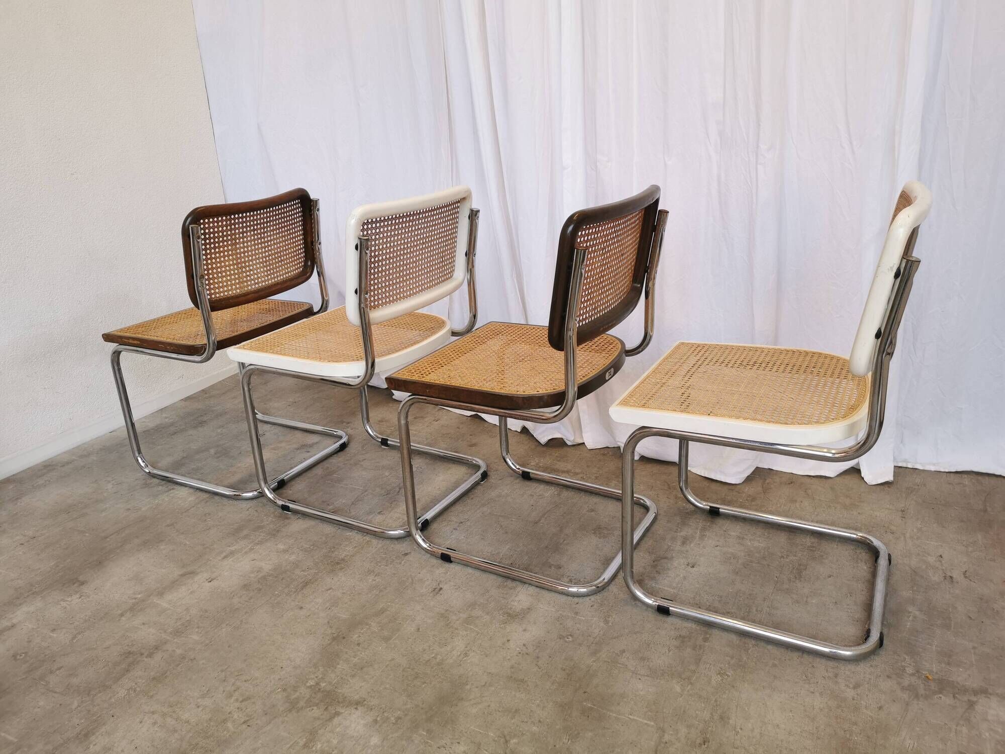 Set of 4 vintage cesca dining chairs / 2 brown 2 white / cane seat mid-century