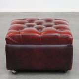 Red cow leather square chesterfield ottoman/storage pouf