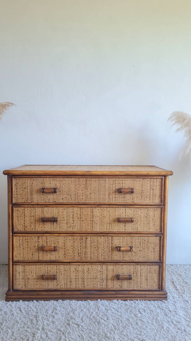 Vintage rattan chest of drawers from the 1970s.