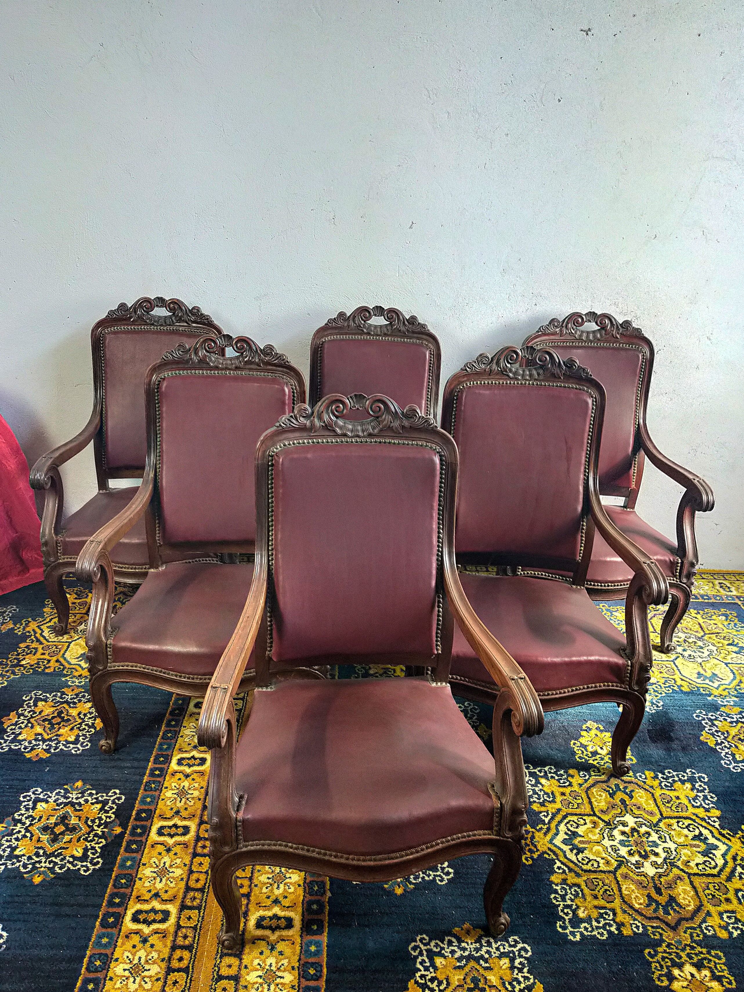 Series of 6 Louis XV armchairs in mahogany and leather