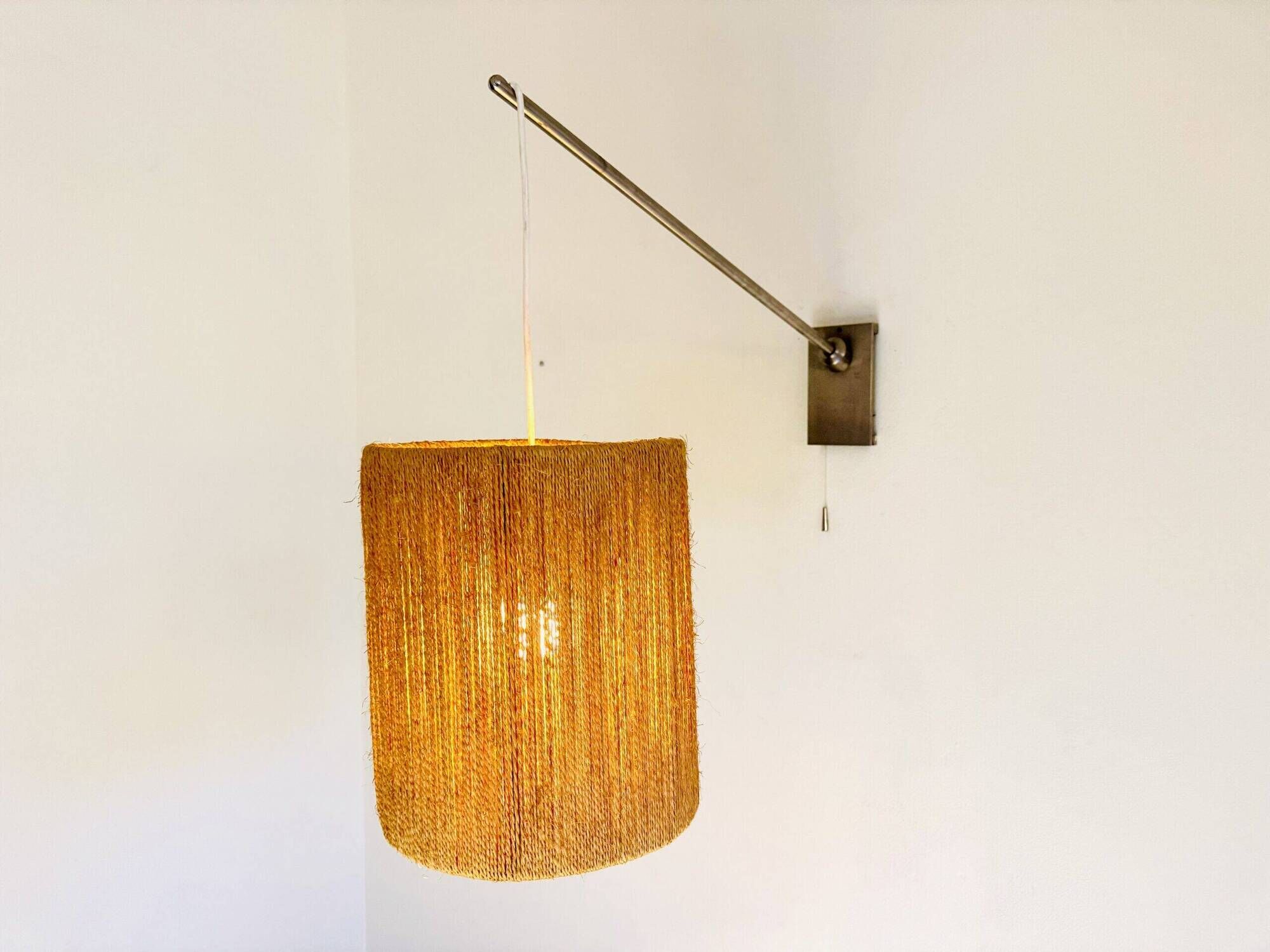 Large Sisal Shade Wall Lamp With Metal Arm, Sweden 1960S