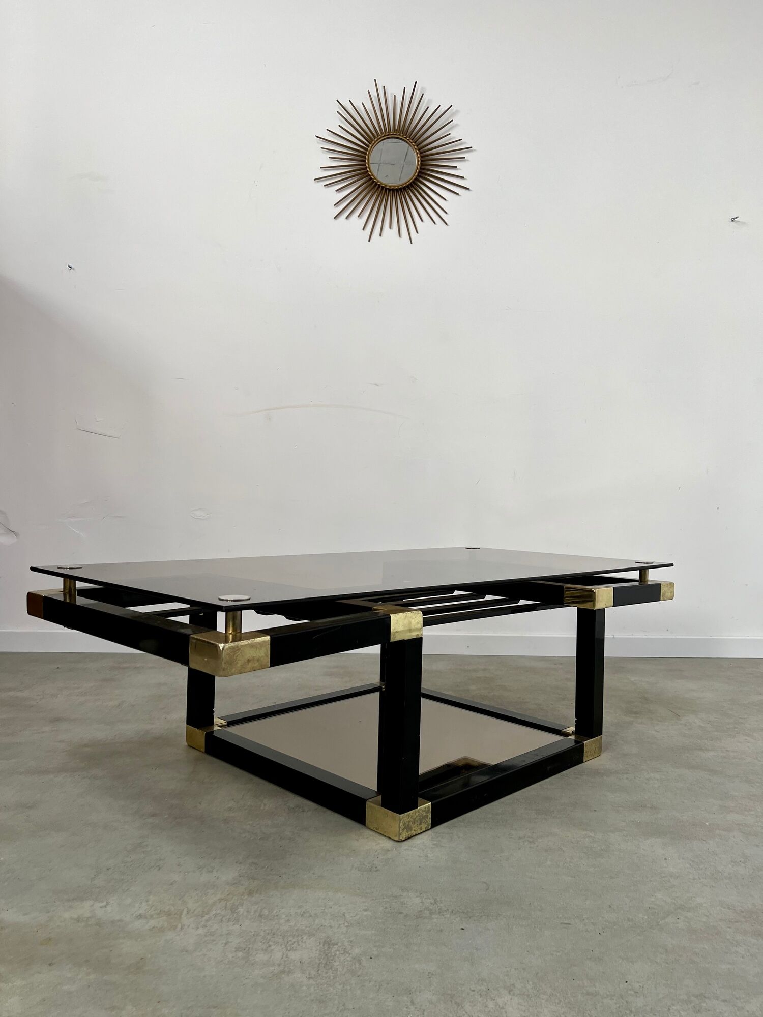 Coffee table in black and gold metal, smoked glass 70 years Romeo Rega vintage