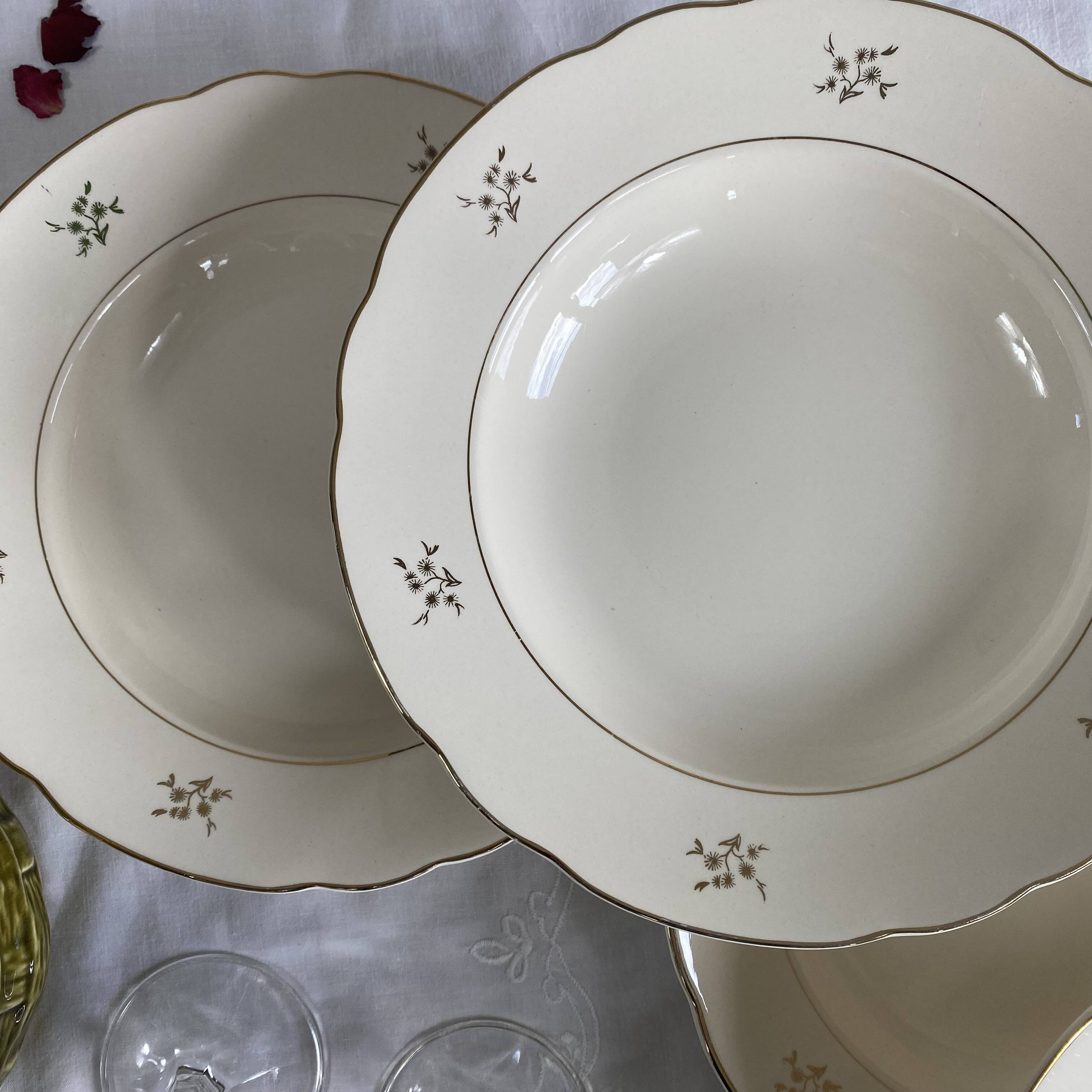 6 antique cream and gold earthenware deep plates by Villeroy and Boch.