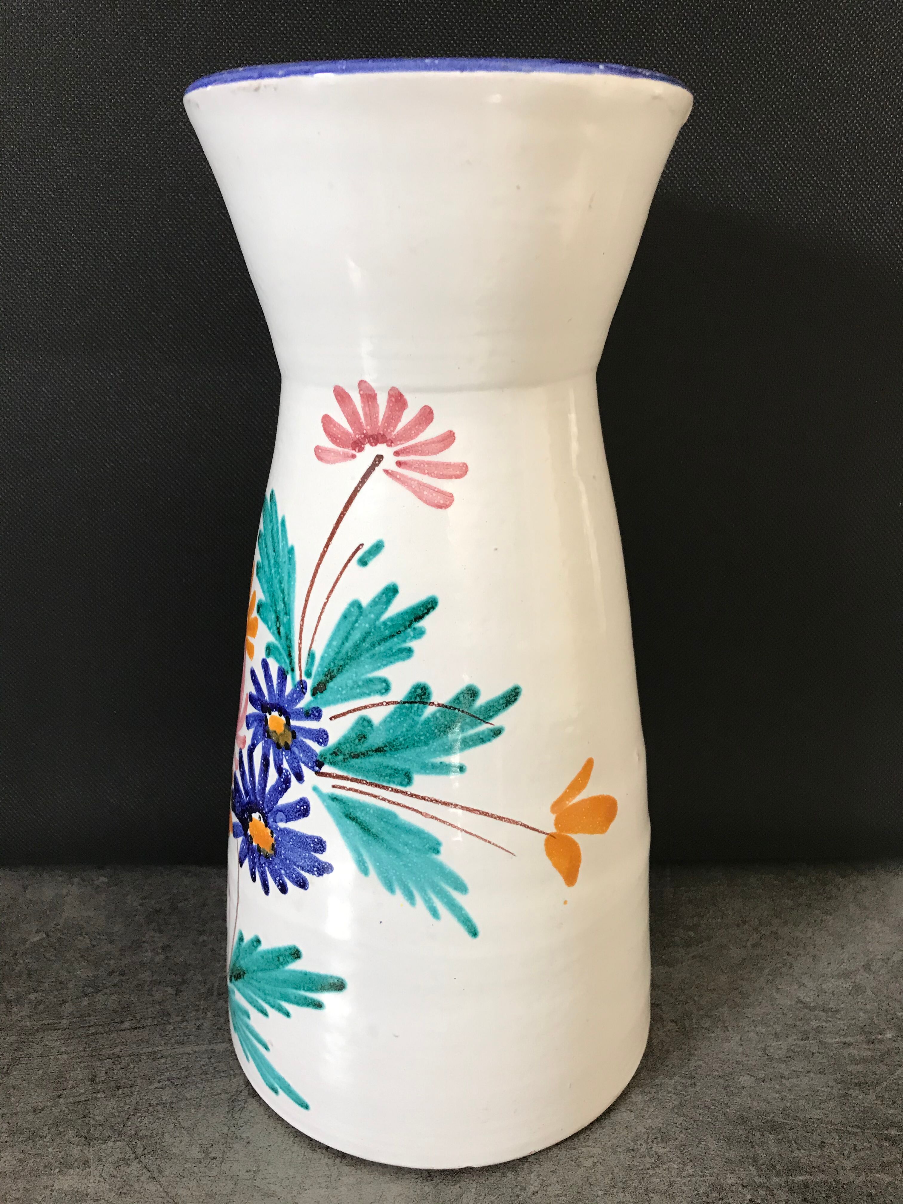 Vintage ceramic vase signed with polychrome flower decoration 25 cm