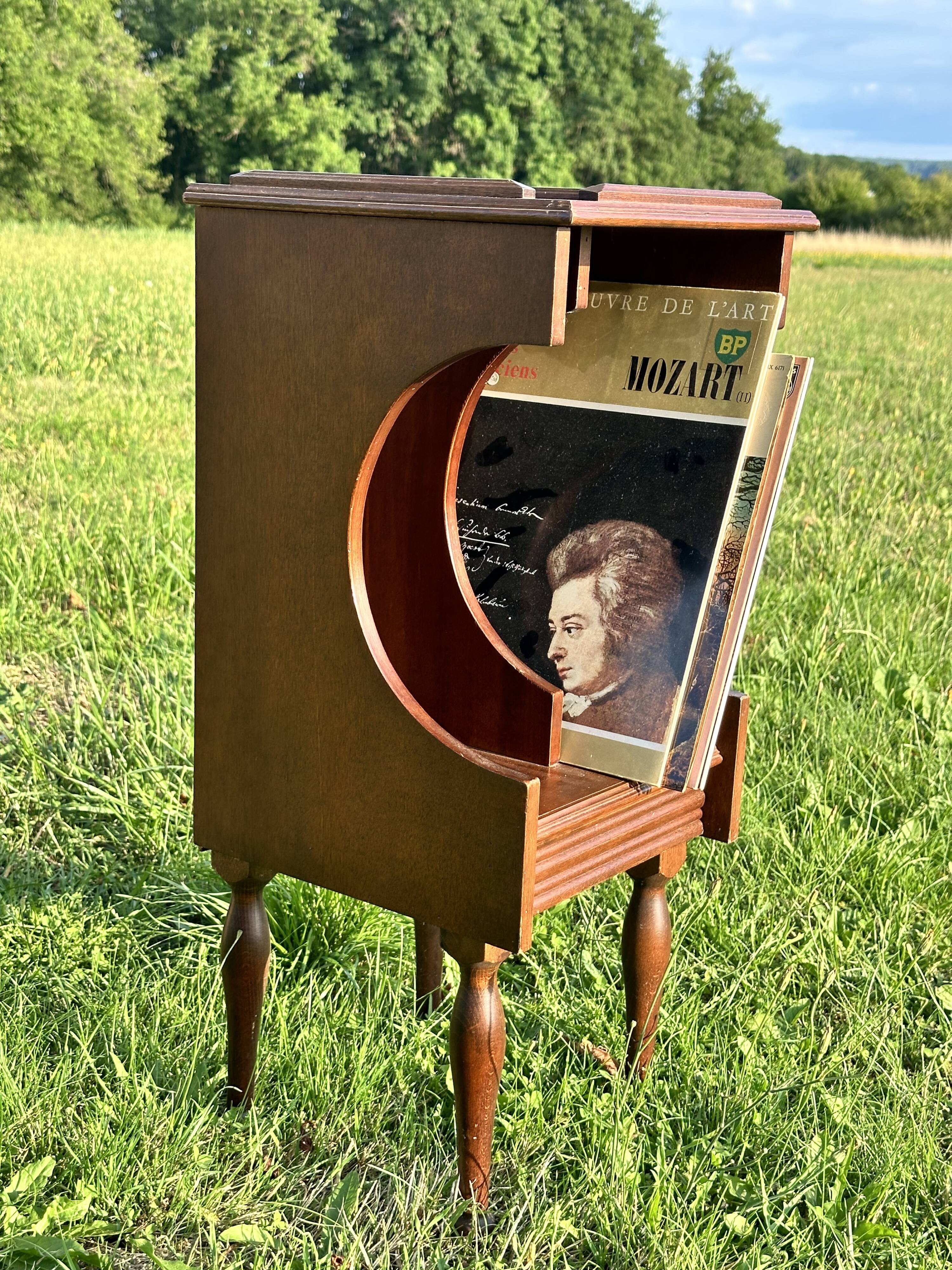 Vintage Dark Brown Wood Side Table - Vinyl Record Book Holder
