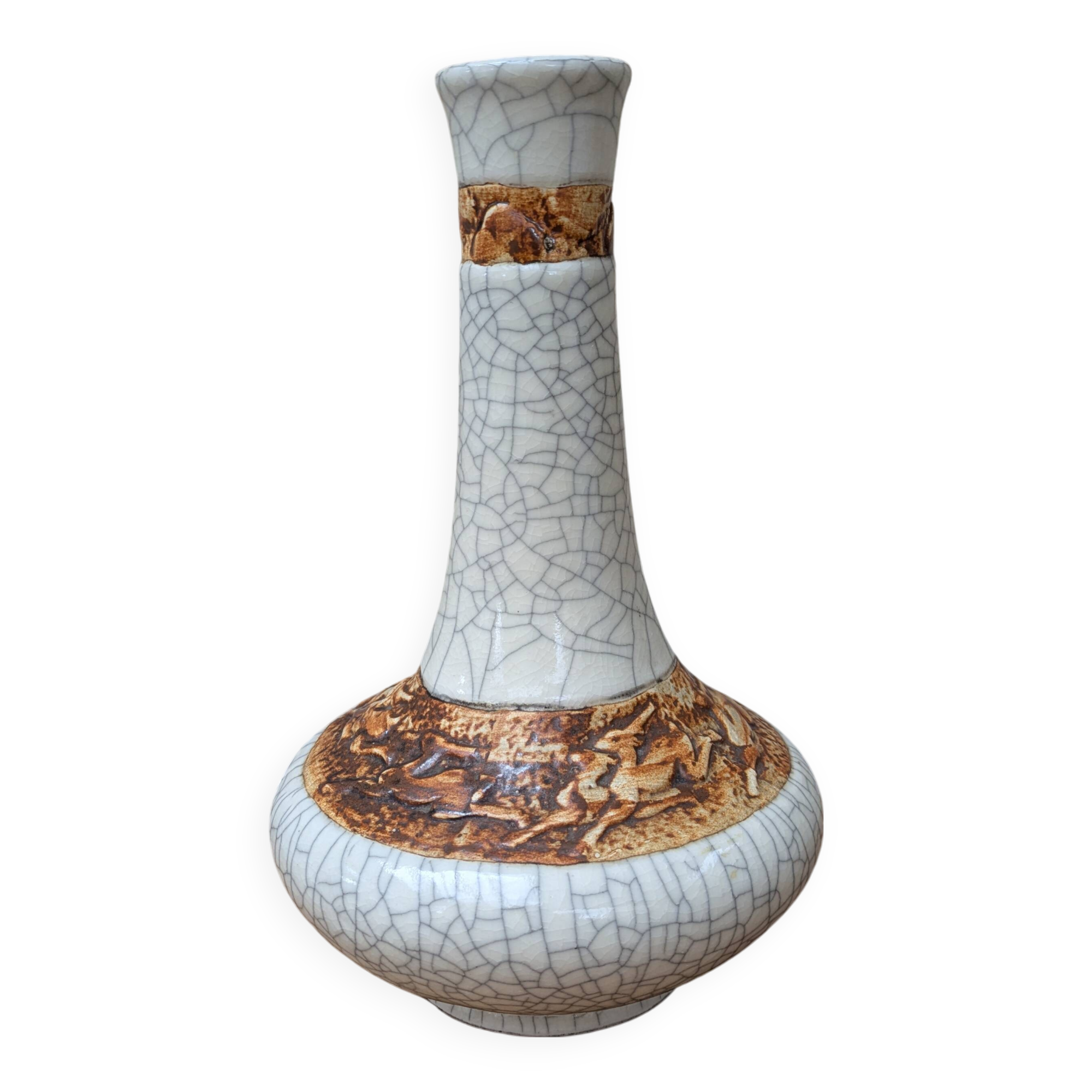 Antique long-necked vase in cracked white ceramic with deer decoration