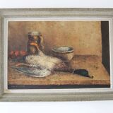 Ancien tableau nature morte signé & encadré : je bastel