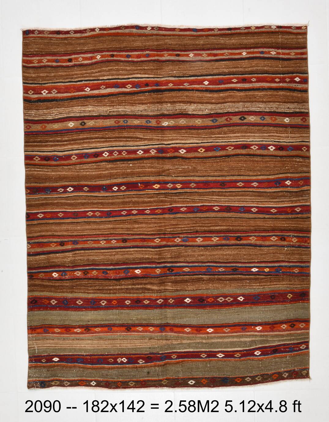 Red & Brown Pinstriped Style Vintage Kilim Rug, 142x182Cm