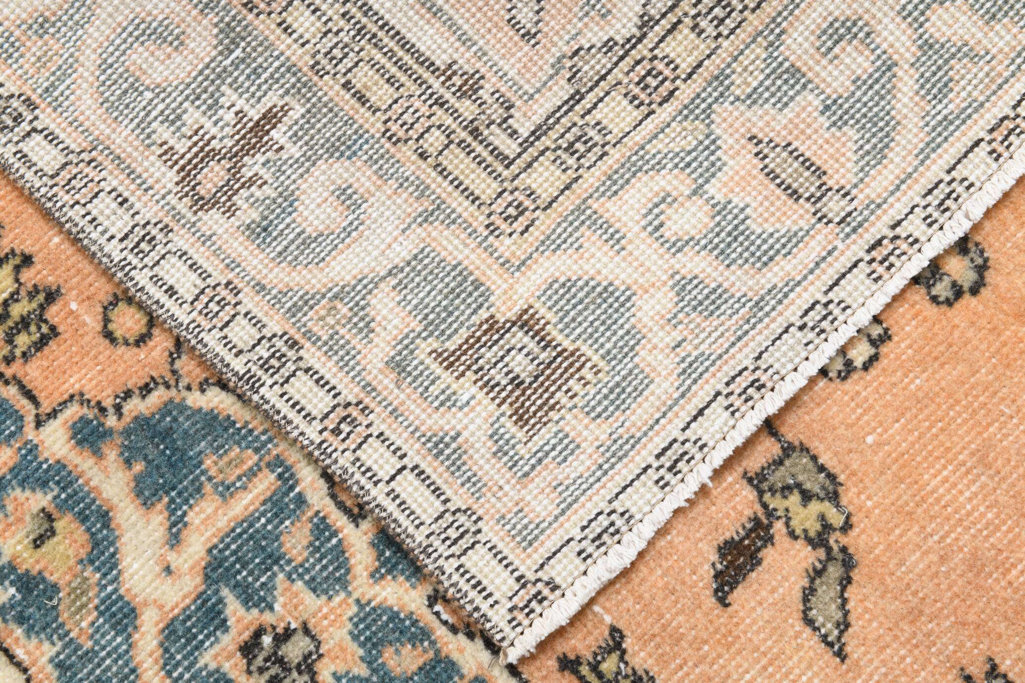 Vintage Peach Oriental Rug, Faded Petrol Blue Border, Soft Handmade Carpet