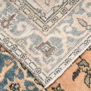 Vintage Peach Oriental Rug, Faded Petrol Blue Border, Soft Handmade Carpet