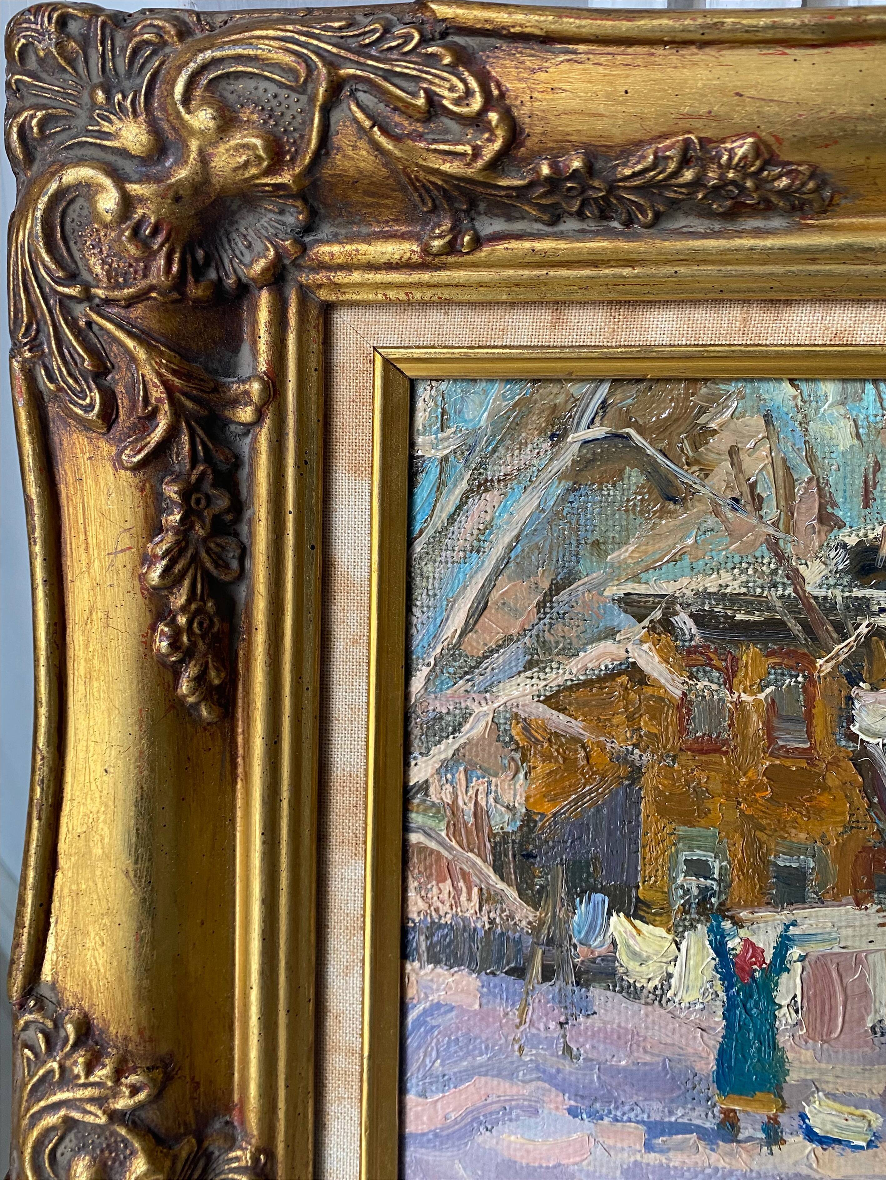 Table Russian school XX° "Animated winter landscape" Children playing signed + frame