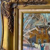 Table Russian school XX° "Animated winter landscape" Children playing signed + frame