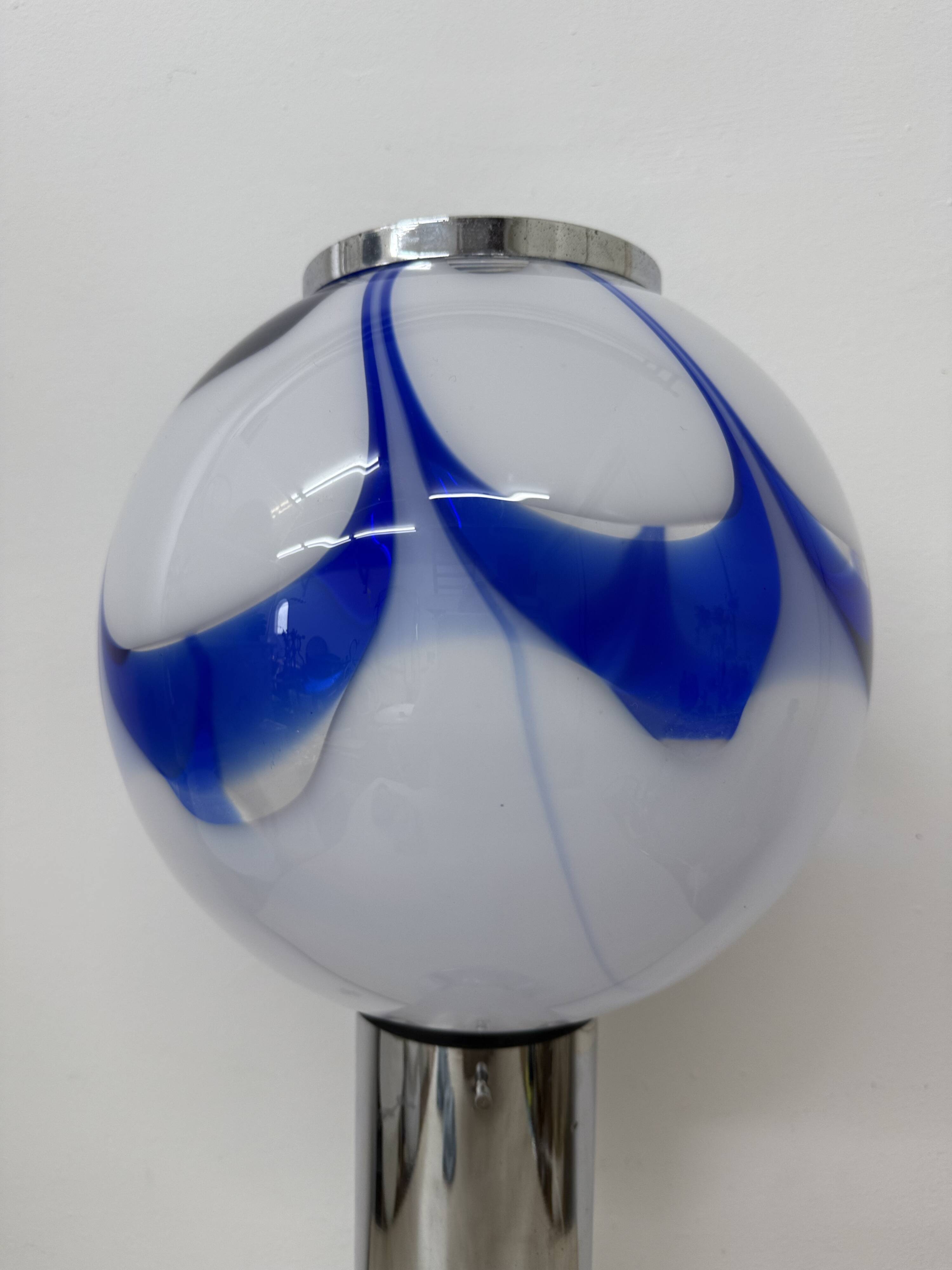 Mid – century Large glass table lamp with blue swirl , 1970s Italy