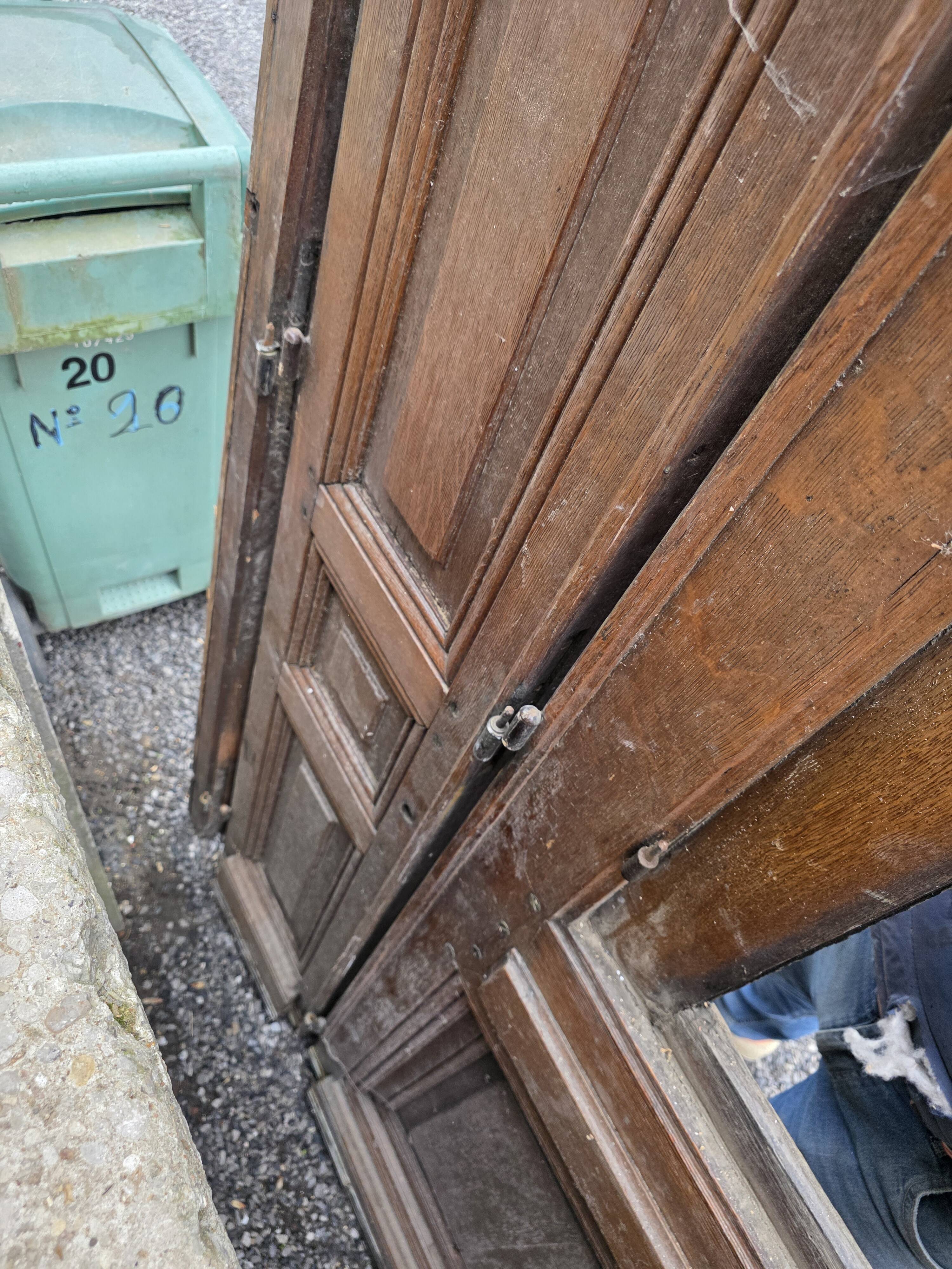 19th-century solid oak entrance door with three openings, including frame.