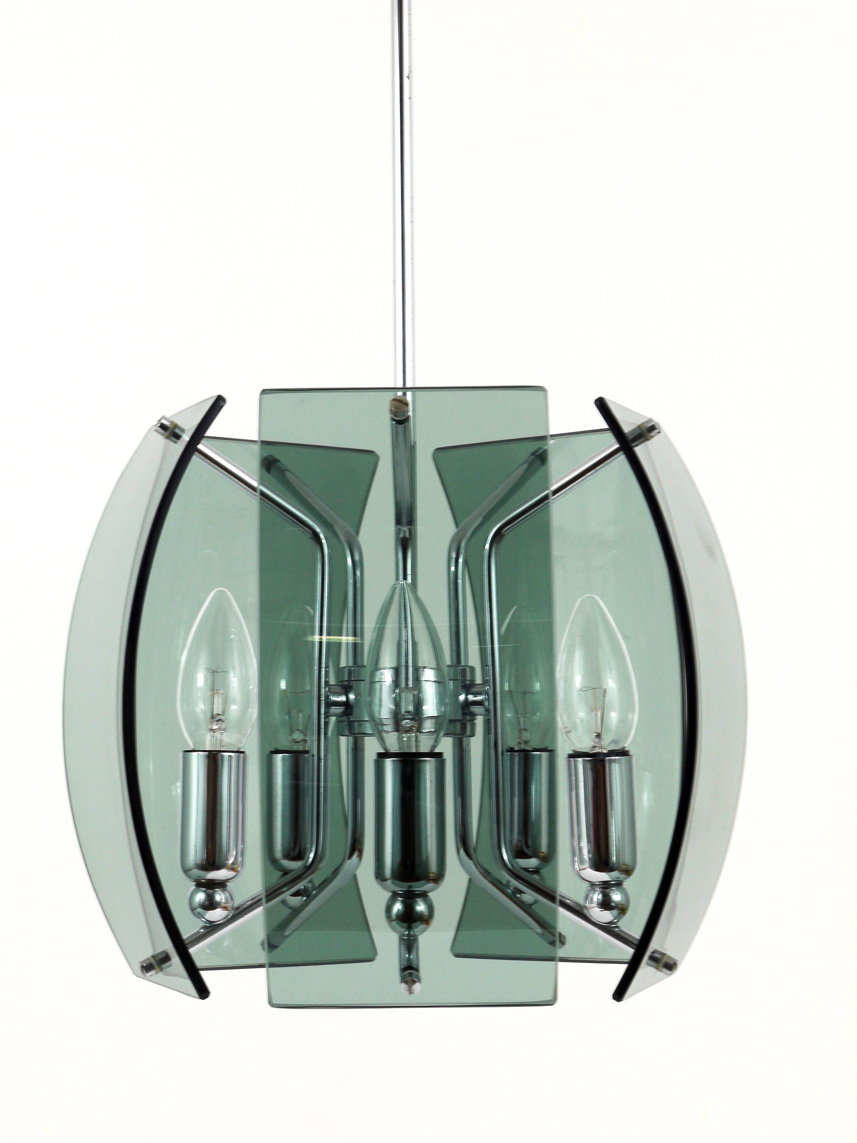 Glass and chrome chandelier in the Fontana Arte style, mid-century, Italy, 1960s.