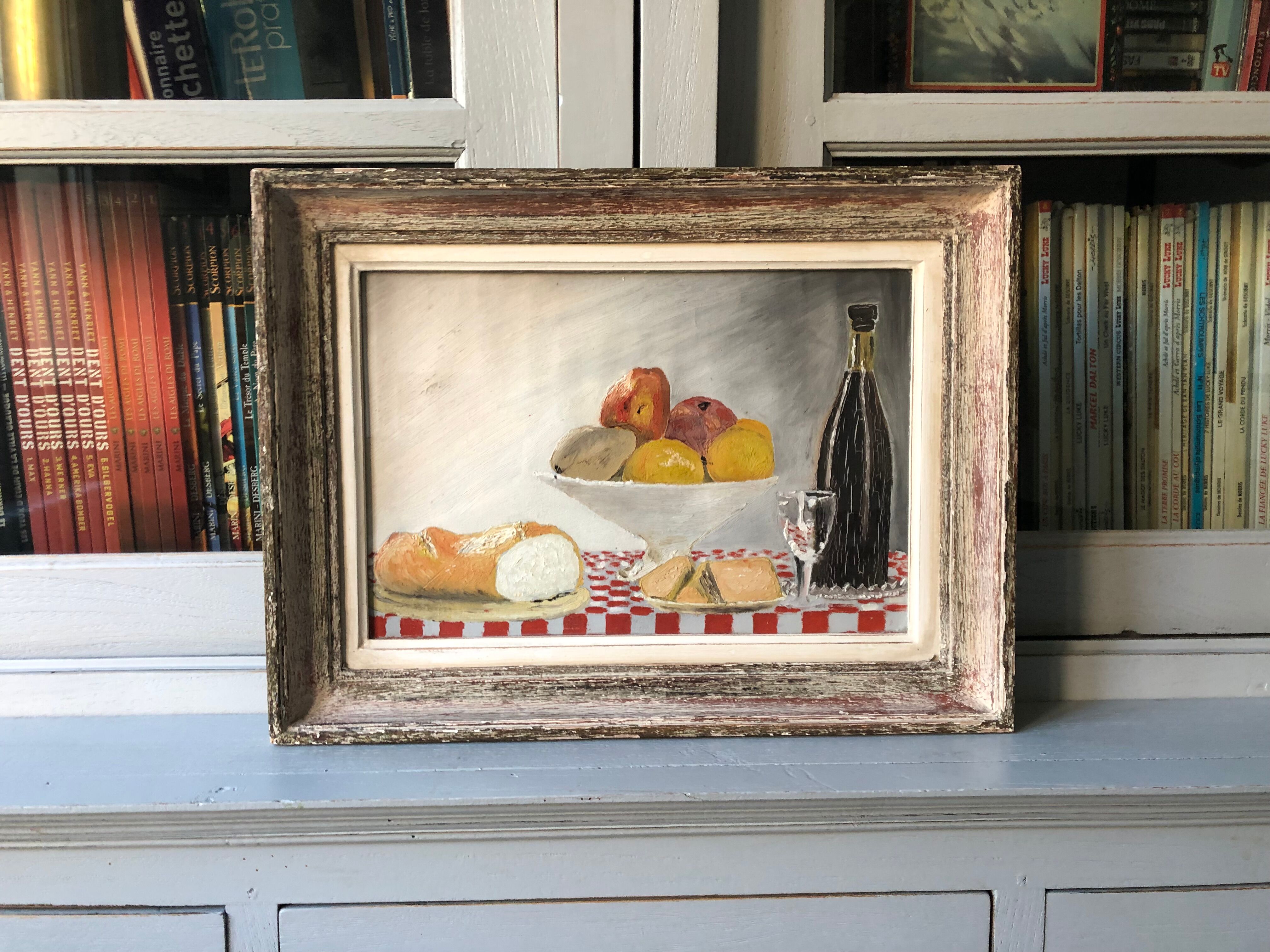 Old painting oil painting still life bread fruit cup cheese glass bottle champagne