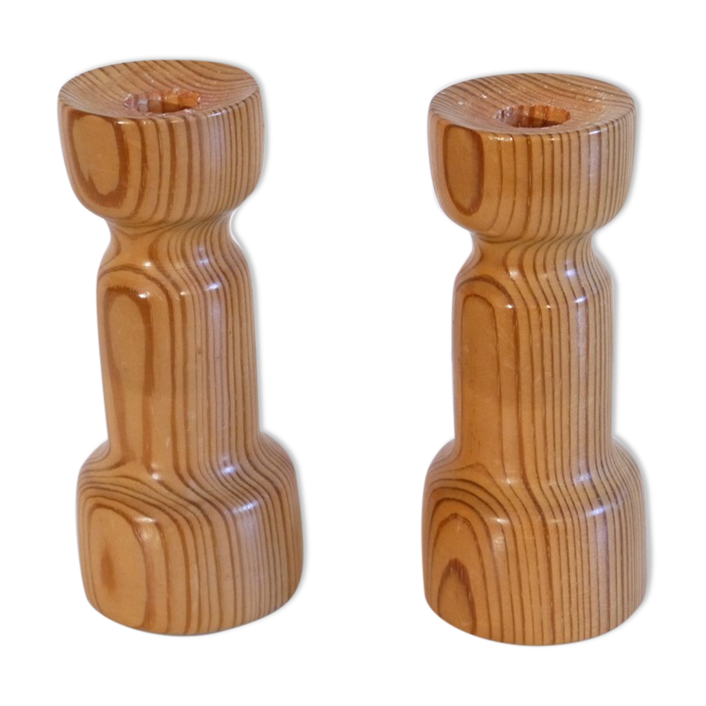 Pair of vintage Scandinavian candle holders in pine 1970