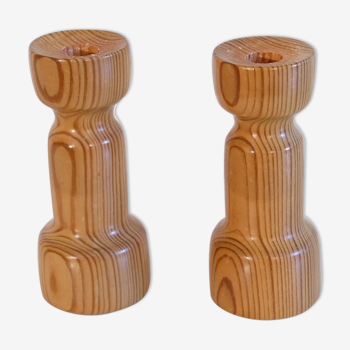 Pair of vintage Scandinavian candle holders in pine 1970