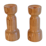 Pair of vintage Scandinavian candle holders in pine 1970
