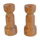 Pair of vintage Scandinavian candle holders in pine 1970