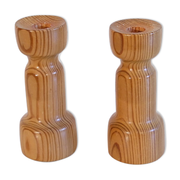 Pair of vintage Scandinavian candle holders in pine 1970
