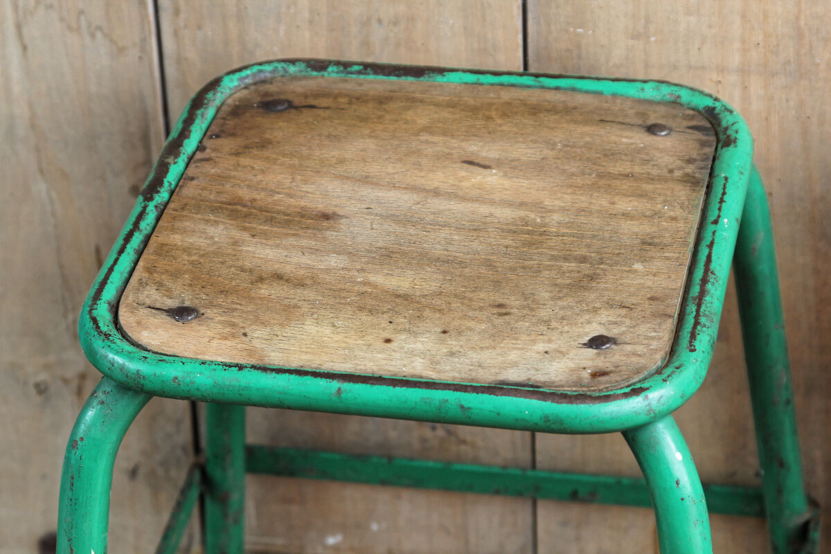 Pair of industrial stools, wood and metal