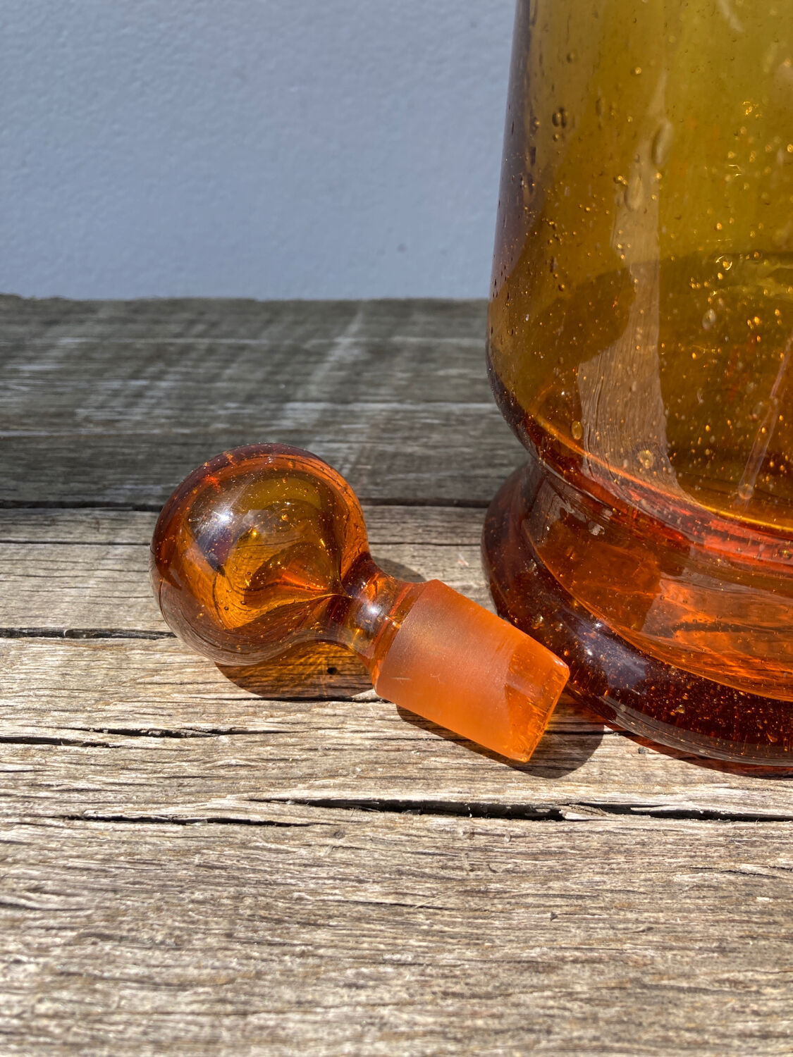 Amber blown and bubbled glass bottle / Biot style signed