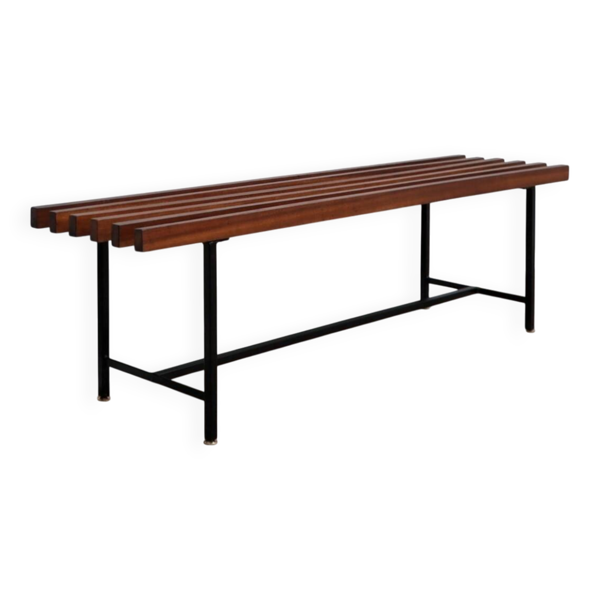 Mid-Century slatted teak bench with iron frame Italy 1950s