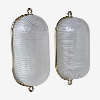 Pair of vintage wall lamps, metal and art deco sandblasted glass, France 1930