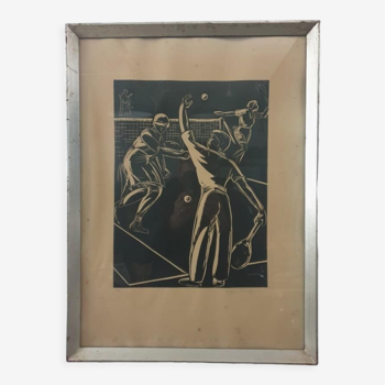 Linogravure tennis art déco vintage