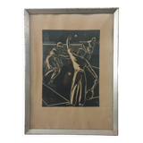 Vintage art deco tennis linocut