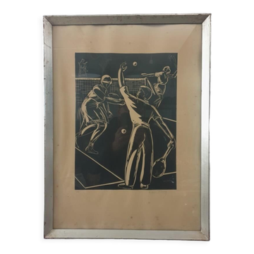 Linogravure tennis art déco vintage