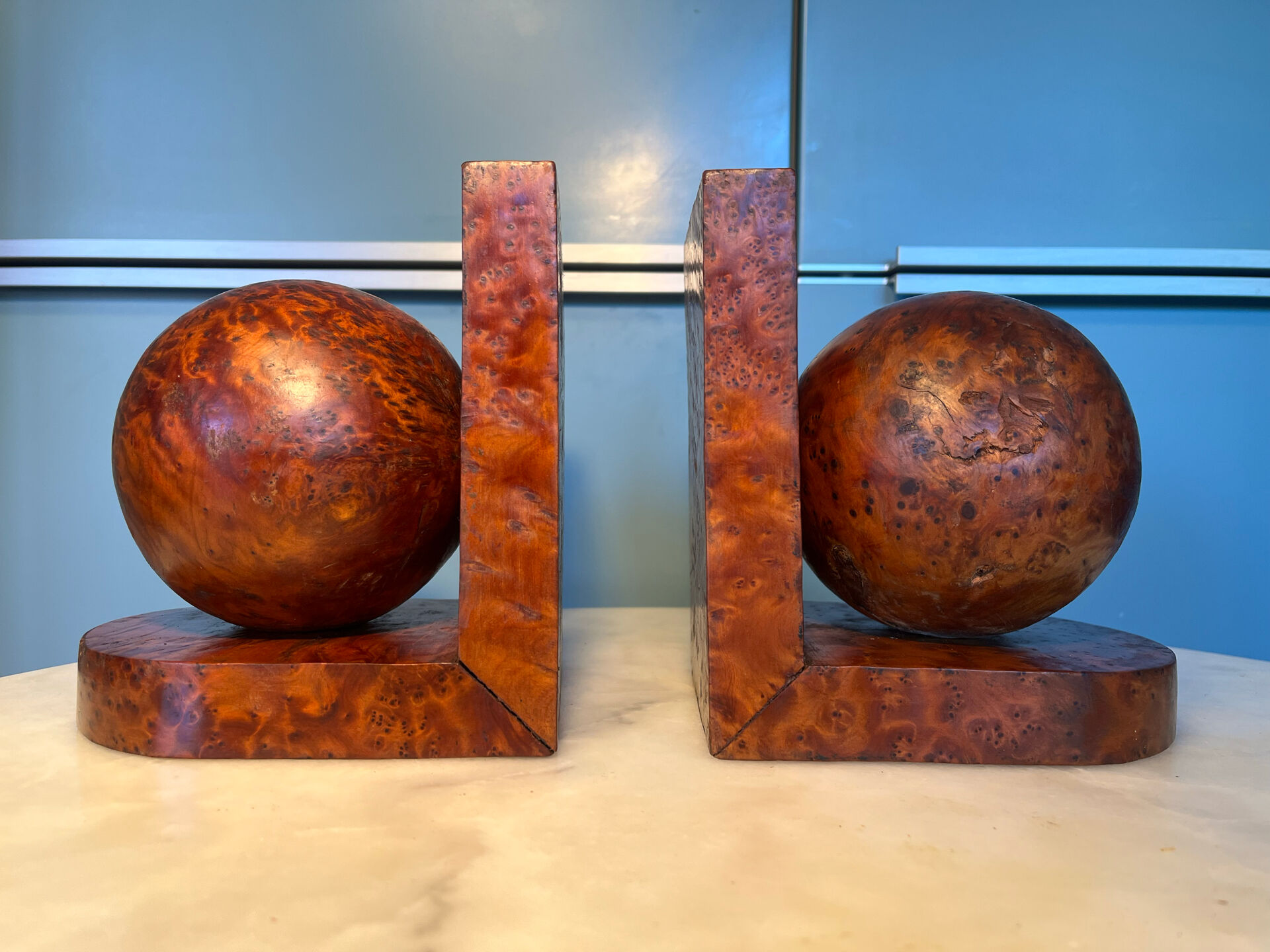 Art Deco pair of bookends in thuya burl.
